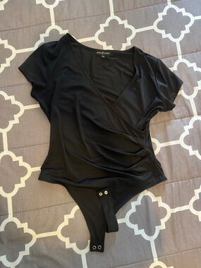 Kensie Black Short-Sleeve Wrap Bodysuit